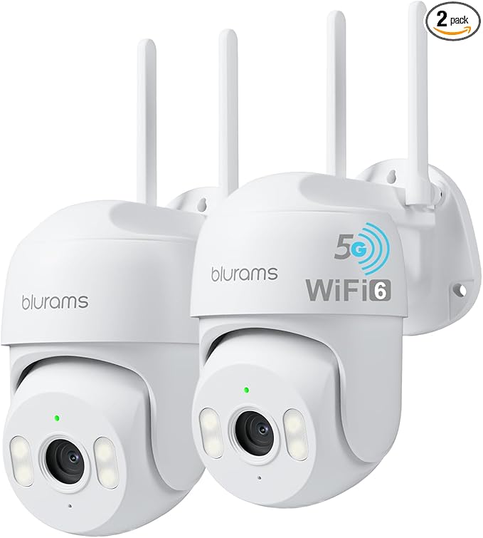 blurams 2Pack Security Cameras Outdoor Wired, 2K 360° PTZ Outdoor Security Camera, Weatherproof, 24/7 Recording with SD Card, Color Night Vision, AI Human Tracking, 2.4/5GHz WiFi6, Work with Alexa