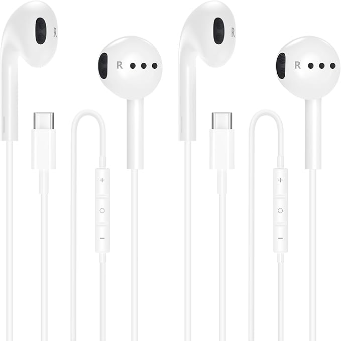 EarPods Headphones with USB-C Connector for Apple iPhone 17 16 15, 2Pack Wired Ear Buds Hi-Fi Earbuds with Built-in Remote to Control Music, Volume and Calling Microphone for iPhone 17 16 15 Pro, iPad