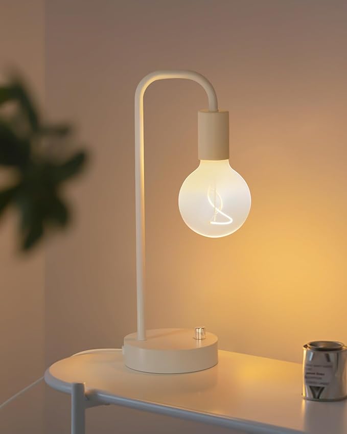 ONEWISH Industrial Small Table Lamp for Bedroom, Fully Dimmable Modern Beside Lamps with 2700K Warm Light Bulb for Kids Reading, White Nightstand Lamps for Living Room, Dorm,Home Office