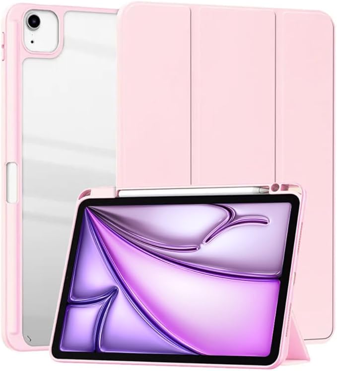 Clear Case for iPad Air 13 Inch (M4 2026/M3 2025/M2 2024)&iPad Pro 12.9 6th/5th/4th/3rd Gen (2018-2022) with Pencil Holder, Magnetic Trifold Smart Stand Cover Auto Wake Sleep (Pink)