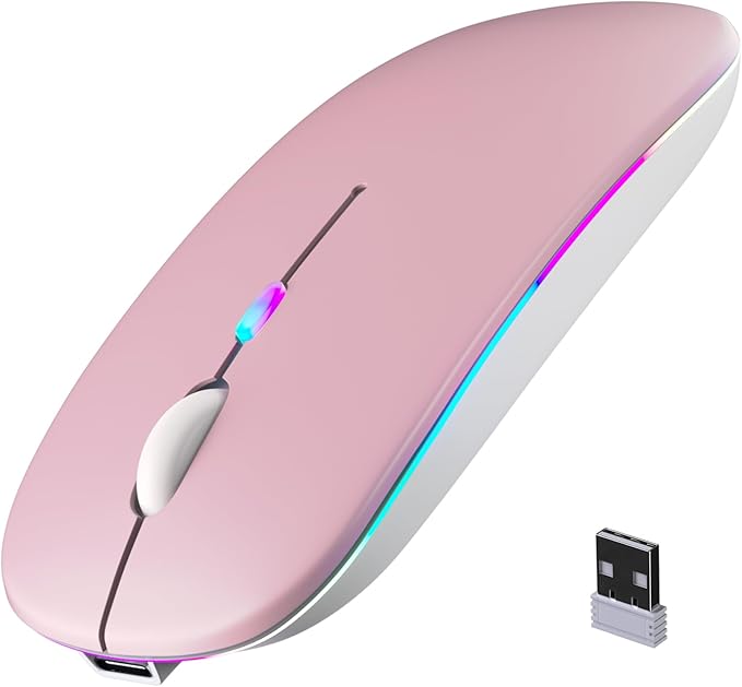 Wireless Bluetooth Mouse, Rechargeable, LED, Silent, Ultra-thin Design (Bluetooth 5.2 and 2.4GHz USB Receiver) | Portable Computer Mouse for Laptops, iPads, MacBooks and Apple Devices (Pink)