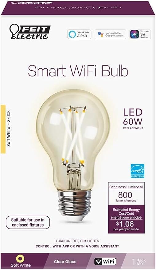 Feit Electric A1960CL/927CA/FIL/AG 60 Watt Equivalent WiFi Dimmable, No Hub Required, Alexa or Google Assistant, Filament A19 LED Smart Light Bulb, 4" H x 2.25" D, 2700K Soft White