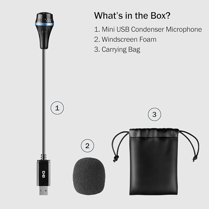 Mini USB Microphone for Laptop and Desktop Computer, with Gooseneck & Universal USB Sound Card, Compatible with PC and Mac, Plug & Play, Ideal Condenser Mic for Remote Work, Online Class
