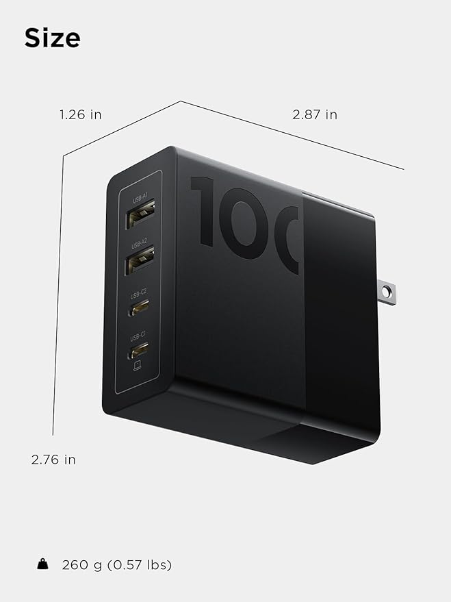 Lenovo 100W USB C Charger, 4-Port Multi-Device Fast Charging, Black GaN Power Block with 240W Cable, for Thinkpad, MacBook, Dell XPS, iPhone, Samsung