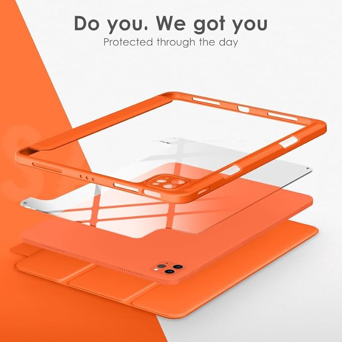 VIKESI for iPad Pro 11 Inch 4th/3rd/2nd/1st Generation Case, iPad Air 11-inch / 5th / 4th Generation Case with Clear Back,Pencil Holder,Auto Sleep/Wake,Camera Protection,Orange
