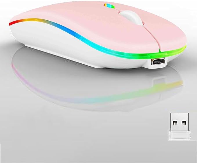 Guiheng Wireless Bluetooth Mouse,LED Dual Mode Rechargeable Silent Slim Laptop Mouse,Portable(BT5.2+USB Receiver) Dual Mode Computer Mice,for Laptop,Desktop Computer,ipad Tablet,Phone,TV (Pink)