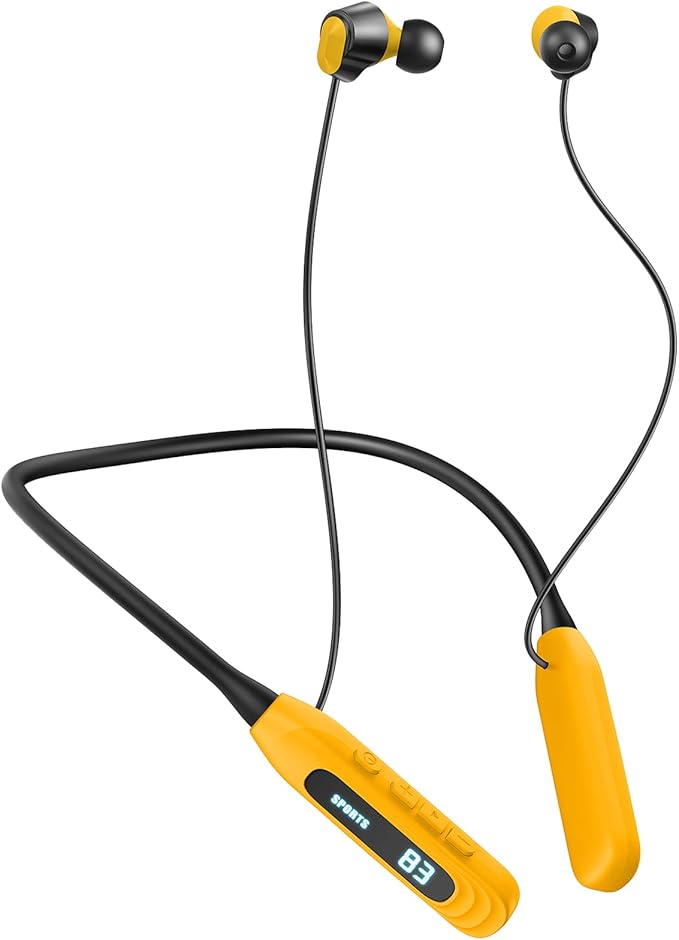 MZYML Neckband Bluetooth Headphones 5.4, IPX5 Waterproof Sports Earbuds with Mic, 80H Playtime 1000H Standby, LED Power Display, Magnetic in-Ear Headset for Running Workout Gym (Yellow)