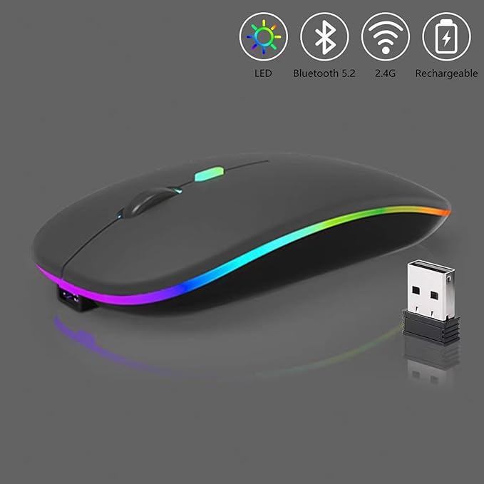 Guiheng 2 Pack Wireless Bluetooth Mouse,LED Dual Mode Rechargeable Silent Slim Laptop Mouse,Portable(BT5.2+USB Receiver) Dual Mode Computer Mice,for Laptop,Desktop Computer,Tablet,Phone,TV (Grey)