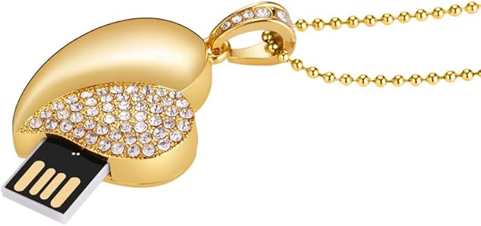 USB Flash Drive, Diamond Heart 8GB / 16GB / 32GB USB2.0 Waterproof USB Memory Stick Date Storage Pendrive Thumb Drives (32GB, Gold Heart)