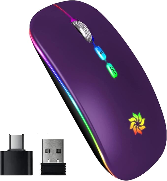 KBCASE Wireless Mouse, LED Wireless Mouse for Laptop, Slim Silent Mouse 2.4G Rechargeable Wireless Computer Mouse for Laptop, MacBook, iPad, Chromebook, with USB & Type-c Receiver
