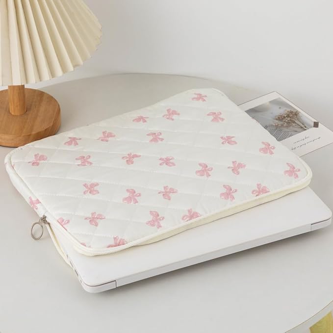 Cutecore Bow Puffy Quilted Laptop Sleeve Y2K Preppy Tablet Protective Case Girly Coquette Aesthetic Notebook Pouch (Pink,13 inch)