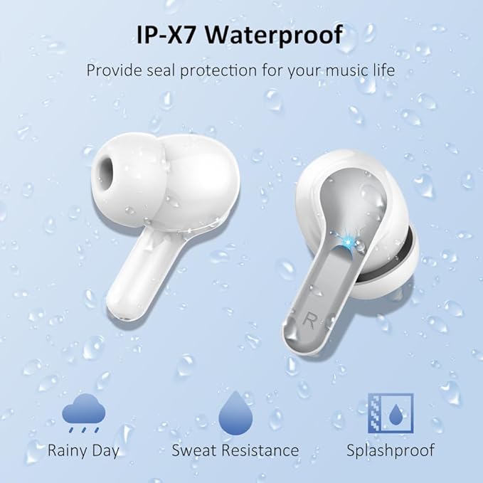 Wireless Earbud Bluetooth 5.3 Headphones, Hi-Fi Stereo Ear Buds with 4 ENC Cancelling Mics, 40H in-Ear Earphones IP7 Waterproof Sports, LED Display, Mini Headset for Laptop Pad TV Android/iOS, Grey