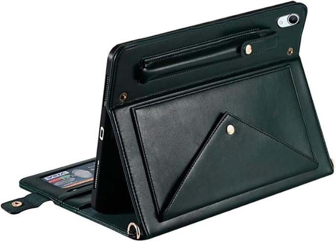 Handbag Case for iPad (A16) 11" 2025 & iPad 10th Gen 10.9", Techcircle Folio Stand PU Leather Crossbody Cover with Pencil Holder+Card Slots Wallet Case w/Shoulder Strap+Hand Strap, Midnight Green