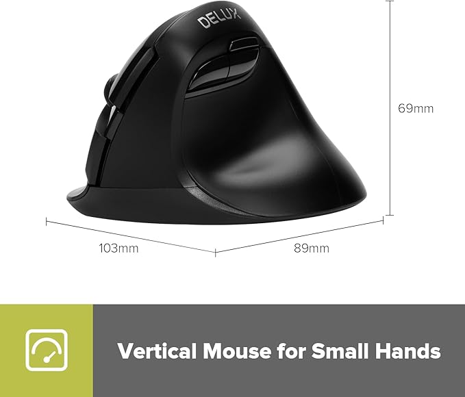 DELUX Wireless Ergonomic Mouse, Vertical Mouse for Small Hand, Silent Click Ergonomic Mouse, Up to 4000 DPI, 6 Buttons, BT 5.0/2.4G Dual Mode, for Carpal Tunnel, for Laptop/PC (M618MINI DB-Black)