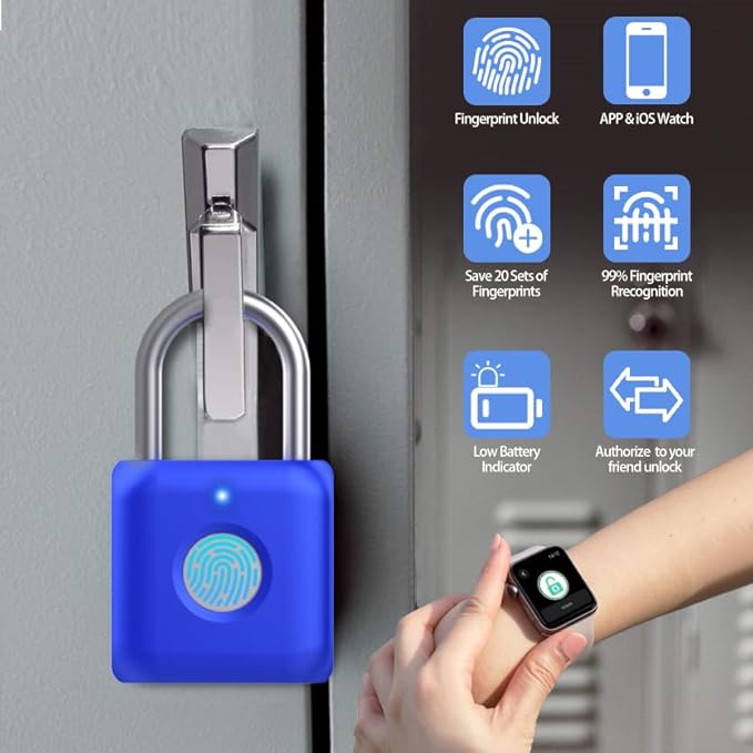 Fingerprint Padlock eLinkSmart Gym Locker Lock for Boys with Phone App iOS Watch Metal Keyless Combination Locks for School Sports Locker Toolbox Hasp Storage Sapphire Blue