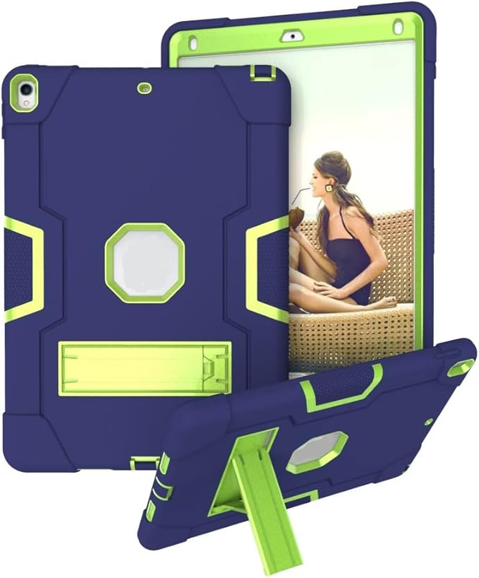 3 in 1 Hybrid Case for iPad Air 3 10.5" & iPad Pro 10.5" - Heavy Duty Rugged Stand, Shockproof, Anti-Slip, Anti-Scratch, Blue/Yellow Green