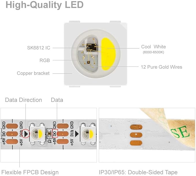 BTF-LIGHTING RGBW RGB+Cool White SK6812 (Similar WS2812B) 4 Colors in 1 LED Strip Individually Addressable 16.4ft 60Pixel/m 300LED Light Dream Color IP65 DC5V White PCB (No Adapter or Controller)