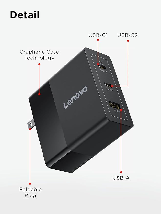 Lenovo 140W USB C Charger, GaN Power Adapter with 3-Port Fast Charging, PD 3.1 Compatible, Black, for ThinkPad, MacBook, iPhone, Samsung Galaxy, with 240W Cable