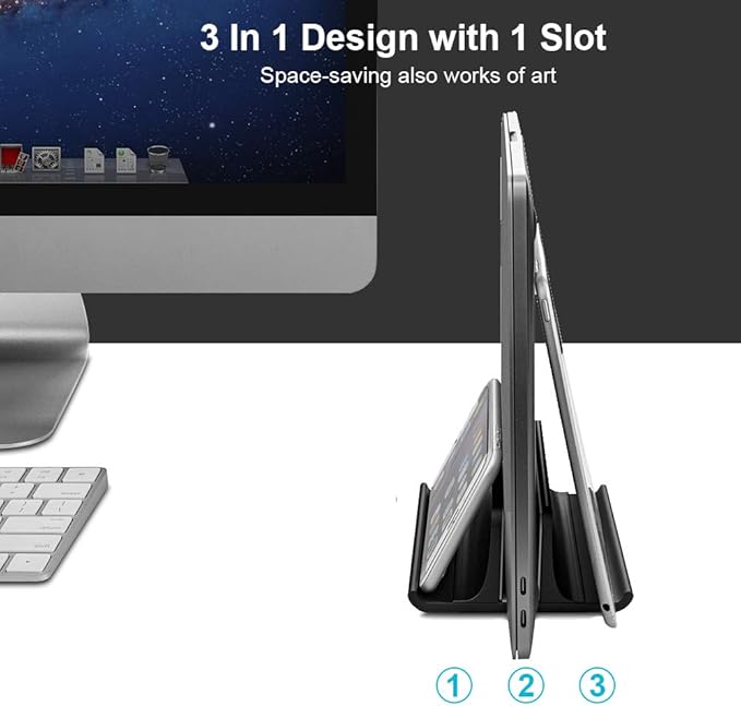 Vaydeer 3-in-1 Vertical Laptop Stand Holder, Aluminum Laptop Stand for Desk with Adjustable Dock, Space-Saving Organizer for All MacBook, Surface, Samsung, HP, Dell, up to 17.3 inch Black
