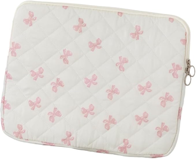 Cutecore Bow Puffy Quilted Laptop Sleeve Y2K Preppy Tablet Protective Case Girly Coquette Aesthetic Notebook Pouch (Pink,13 inch)