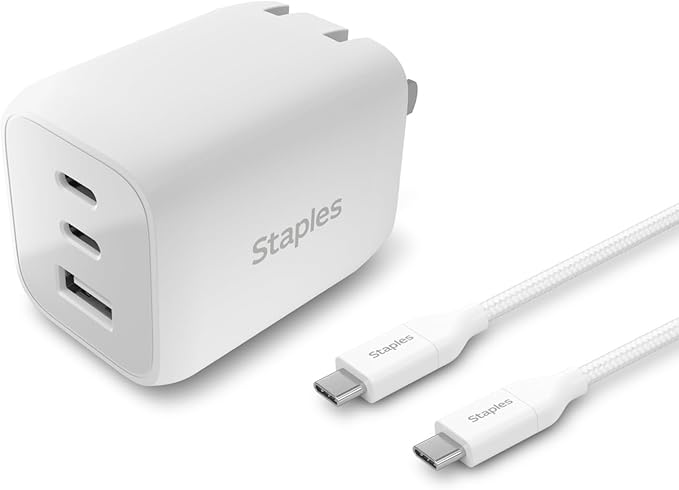 Staples TECH GaN Wall Charger, 65W – USB‑A & USB‑C Fast Charging, Includes Charging Cable, Compact Power Adapter for iPhone, Samsung, iPad & USB‑C Devices