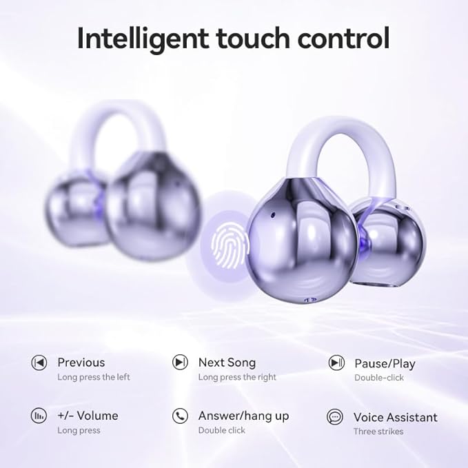 Wireless Earbuds Open Ear Clip On Headphones with LED Digital Display Charging Case Touch Control Bluetooth 5.4 Air Conduction Sport Earphones for Running Fitness, Medium Purple