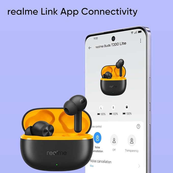 realme Buds T200 Lite Bluetooth in Ear Earbuds,4 Mic, AI ENC for Calls,48 Hours Total Playback with Fast Charging and Ultra Low Latency Gaming TWS, Google Fast Pair, with mic - (Black)