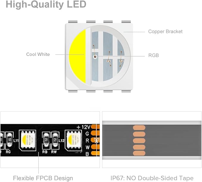 BTF-LIGHTING RGBW LED Strip Lights,UL Listed,5050 4 Colors in 1 RGB + 6000K-7000K Cool White,12V DC,16.4ft/5m 60LEDs/m 12mm Black PCB, IP67 Waterproof for Home Decoration(No Adapter or Controller)