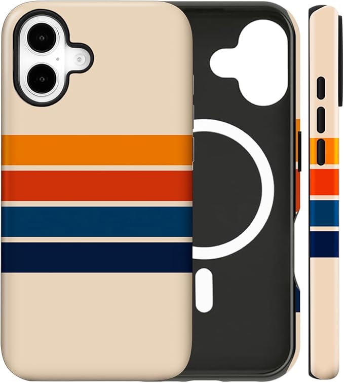 Magnetic for iPhone 16 Case Cute Stripes Phone Case, Shockproof Slim TPU and Hard PC Protective Phone Cover Compatible with MagSafe Designed for Women Girls,Retro