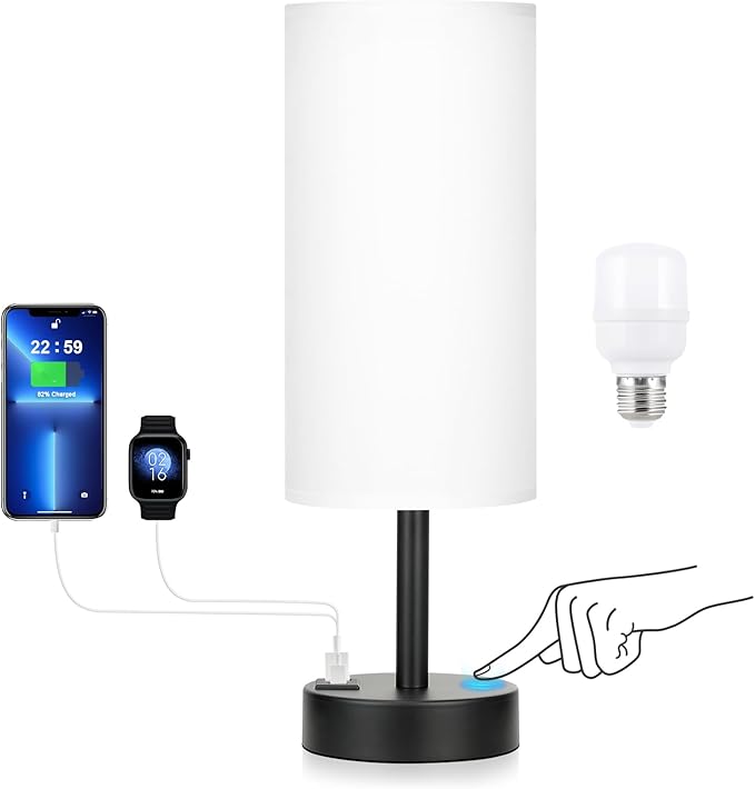 Dicoool Bedside Touch Table Lamps for Bedroom Nightstand with USB-C USB-A Charging Ports White, 3 Way Dimmable Small Lamp Fabric Shade Black Base for Office, Living Room, Dorm Room Reading