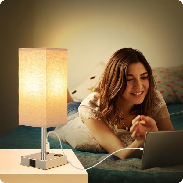 aooshine Beige Set of 2 Touch Lamp with USB Port-Nightstand Lamp with USB-C+A Charge Ports& AC Outlets, 3-Way Dimmable Bedside Lamp with Shade,Small Table Lamp for Bedroom Living Room(Bulb Included)