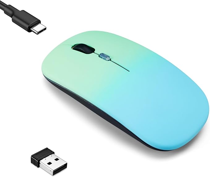 Wireless Bluetooth Mouse,LED Dual Mode Rechargeable Silent Slim Laptop Mouse,Portable(BT5.2+USB Receiver) Dual Mode Computer Mice,for Laptop,Desktop Computer,ipad Tablet,Phone,Mac(Greenish blue)
