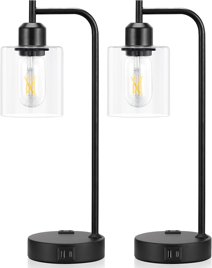 Industrial Touch Table Lamps for Bedrooms Set of 2 - 3-Way Dimmable Nightstand Lamps with USB C+A Ports and Outlet, Black Bedside Lamps with Glass Shade for Living Room, Desk Lamps for Home Office