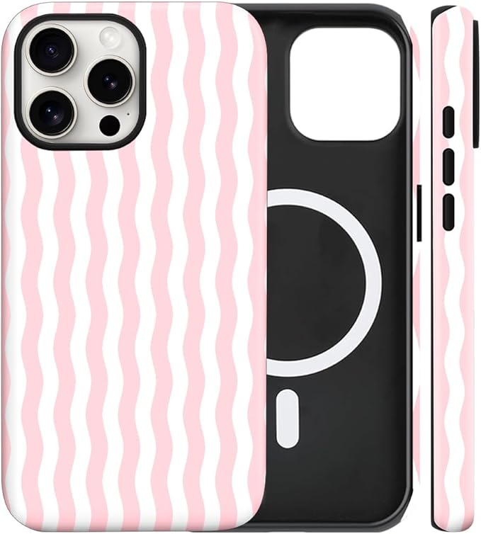 Magnetic for iPhone 16 Pro Max Case Cute Wavy Stripes Phone Case, Shockproof Slim TPU and Hard PC Protective Phone Cover Compatible with MagSafe Designed for Women Girls, Pink