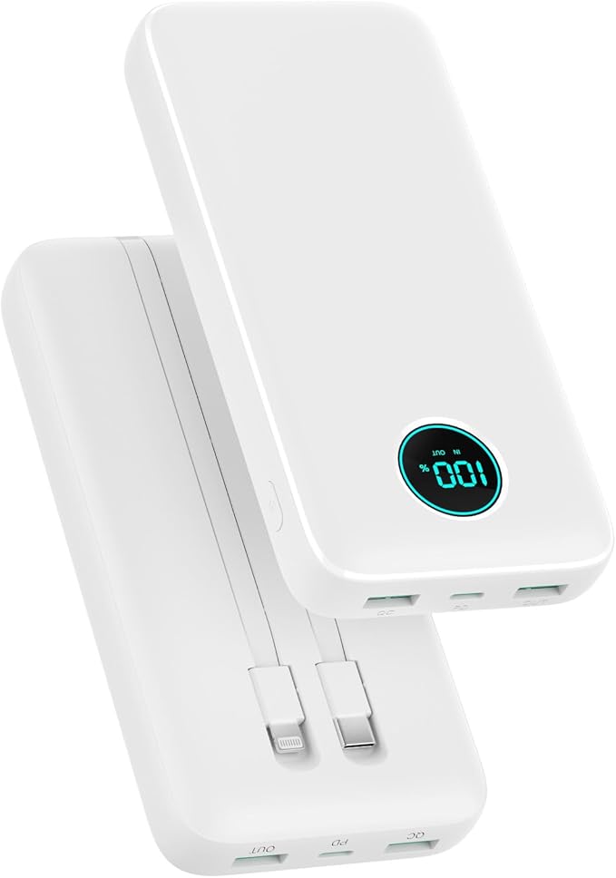 Portable Charger PowerBank 40,800mAh with 2 Built-in Cables,25W PD Fast Charging +QC 4.0 Quick Phone Charging Power Bank, 5 Outputs LCD Display USB C Battery Pack for iPhone 16/15 Android Galaxy etc