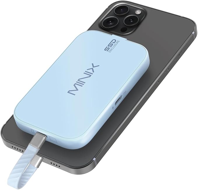 MINIX Magnetic M.2 2230 NVMe SSD Encosure Only Supports iPhone 15/16 Pro Max ProRes, Type C USB 2.0 Audio Port, Compatible with iPad Pro, MacBook,Laptop, PD 60W Max, External SSD Case
