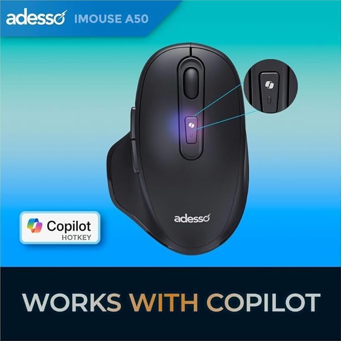 Adesso iMouse A50 Ergonomic Wireless Mouse, Bluetooth and 2.4GHz Dual Mode with USB-C Receiver, Copilot AI Hotkey, 3 Level DPI (1000/1600/2400), 6 Buttons, Right Hand Design for Windows