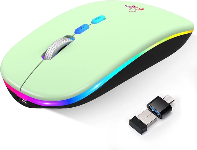 HOTLIFE LED Wireless Mouse, Slim Rechargeable Silent Portable USB Optical 2.4G Wireless Bluetooth Two Mode Computer Mice with USB Receiver and Type C Adapter (Green)