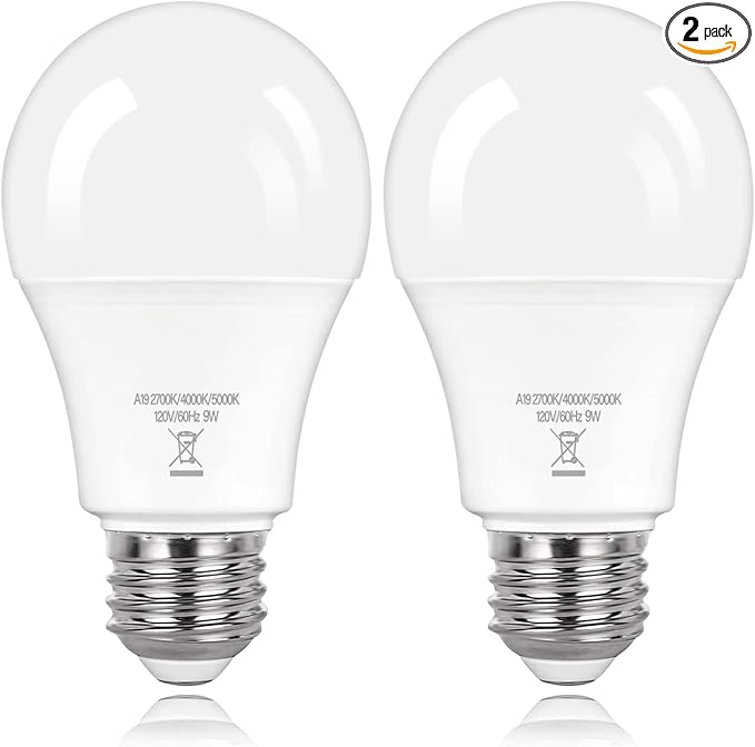 PARTPHONER A19 LED Light Bulbs, 60W Equivalent Efficient 9W LED Bulb, 3 Color Light Modes Light Bulbs, 900 Lumens, CRI 85+, 25000+ Hours Lifespan, Pack of 2