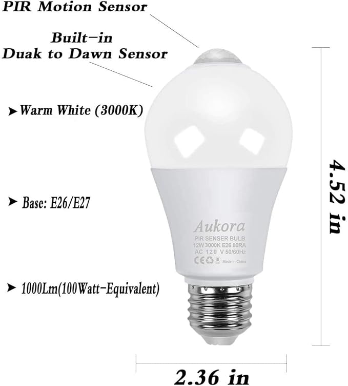 Motion Sensor Light Bulbs, Aukora 12W (100-Watt Equivalent) E26 Motion Activated Dusk to Dawn Security Light Bulb Outdoor/Indoor for Front Door Porch Garage Basement Hallway Closet(Warm White 2 Pack)