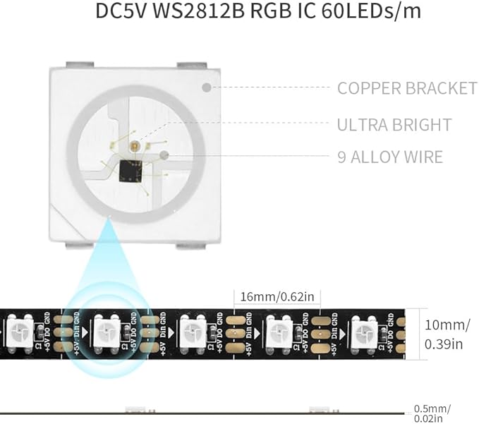 WS2812B IC RGB 5050SMD ECO Individual Addressable LED Strip Light, 16.4FT 300LED 60LED/m Flexible Full Color IP67 Waterproof DC5V Black PCB for DIY Project (No Power Adapter or Controller)