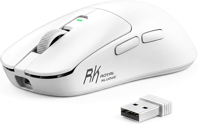 RK ROYAL KLUDGE RK MO3 Wireless Gaming Mouse, 48g Lightweight Computer Mouse, Bluetooth/2.4G/Wired Rechargeable PC Game Mice with Programmable Buttons and Silent Clicks, 6000 DPI for Laptop/Mac, White