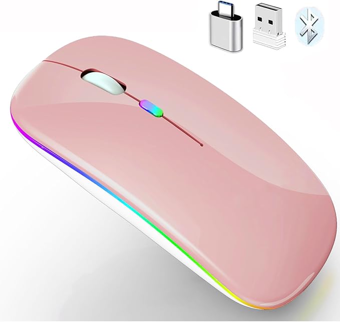 PEIBO Wireless Bluetooth Mouse, 7-Color LED, Built-in Battery, Ergonomic Design, Compatible with iPad, MacBook, Windows Laptops - Rose Gold