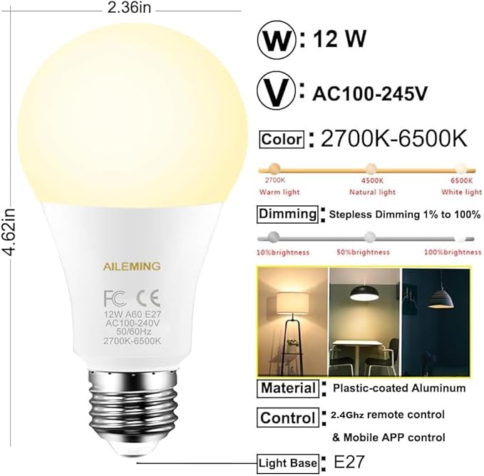 LED Bulb with a 2.4GHz Remote Control, A60 Smart Light Bulb for Lamp, Bedroom, Mood Soothing,12W 1000lm,100W Equivalent,Stepless Dimmable 1% to 100% 2700-6500K,2 Bulb & 1Remote