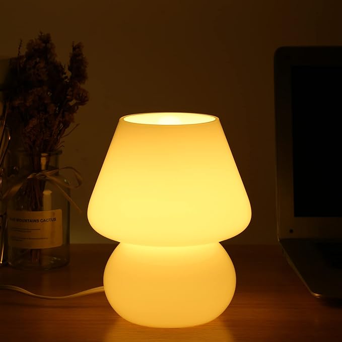 BSOD Mushroom lamp,Glass Mushroom Bedside Table Lamp Translucent Murano Vintage Style Striped Small Nightstand Desklamp Swirl Light for Home Decor, Dining, Living, Bedroom, Gift (Matte White)
