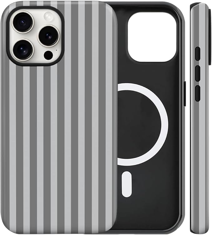 Magnetic for iPhone 13/14 Case Cute Stripes Phone Case, Shockproof Slim TPU and Hard PC Protective Phone Cover Compatible with MagSafe Designed for Women Girls, Gray
