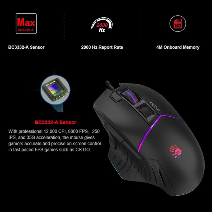 Bloody W95BR Max Extra Fire Gaming Mouse - 12,000 CPI, BC3332-A Sensor, 2000 Hz Report Rate, 4M Onboard Memory, RGB Backlit, Adjustable LOD, Precision Control, Ergonomic Design