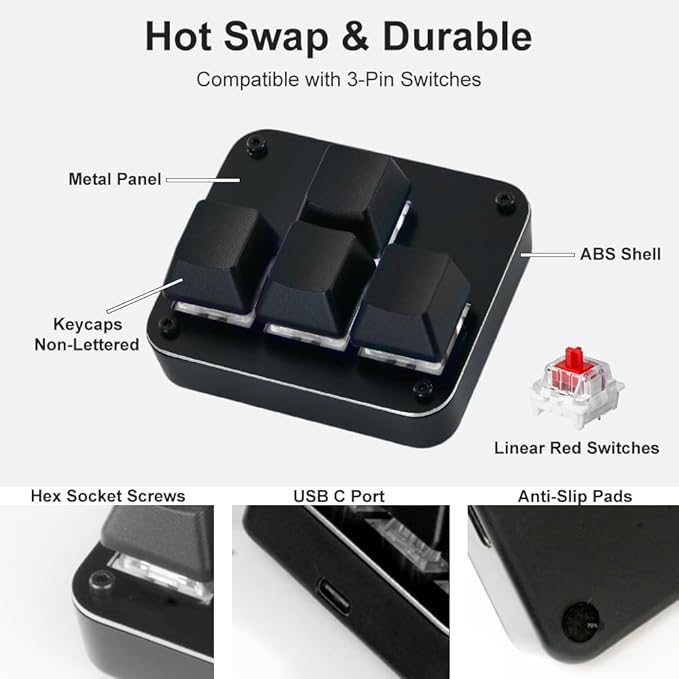 Arrow Keys Only Keyboard Mini WASD 4 Keys Macro Gaming Keypad One-Handed Mechanical Programmable Pad OSU Hot Swappable Linear Red Switches Metal Panel for Win/Mac,