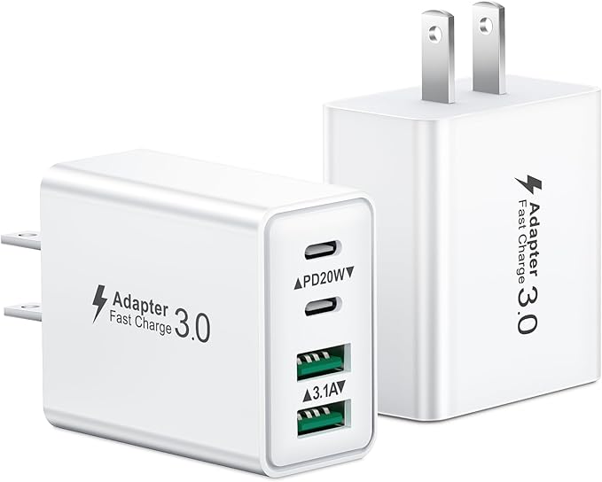USB C Charger Block, 2Pack 40W 4-Port Type C Fast Charging Block Dual PD Power Adapter+QC Plug Double Wall Charger Blocks Multiple USBC Charging Cube for iPhone 17 16 15 14 13 12 11 Pro Max, Samsung