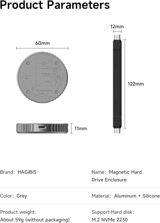 Hagibis Magnetic M.2 2230 NVMe SSD Enclosure with Magsafe for iPhone 17 16 15 Pro Max ProRes, USB C 3.2 10Gbps to NVMe Adapter, Aluminum External SSD Case for MacBook, iPad Pro, Android (MC100 Lite)